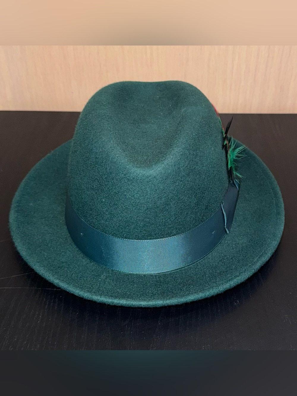Bruno Capelo Green Fedora Hat with Ribbon and Feather - Chicago collection